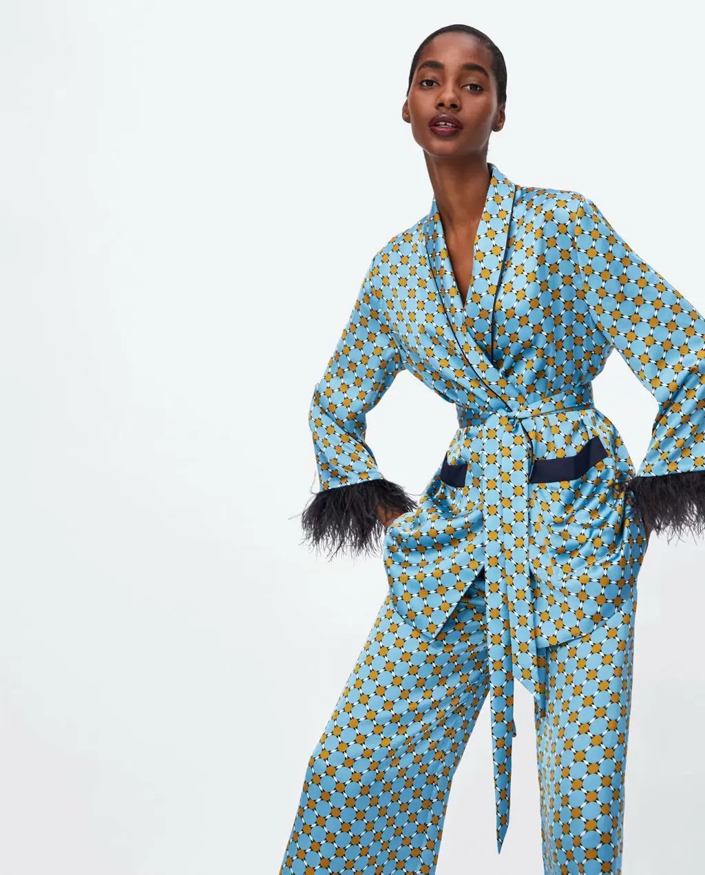 Ceny 2019 New Arrival niebieski nadruk Kimono kurtka z piór rękawy szerokie nogawki luźne Cuasal spodnie damskie ubrania vintage garnitury