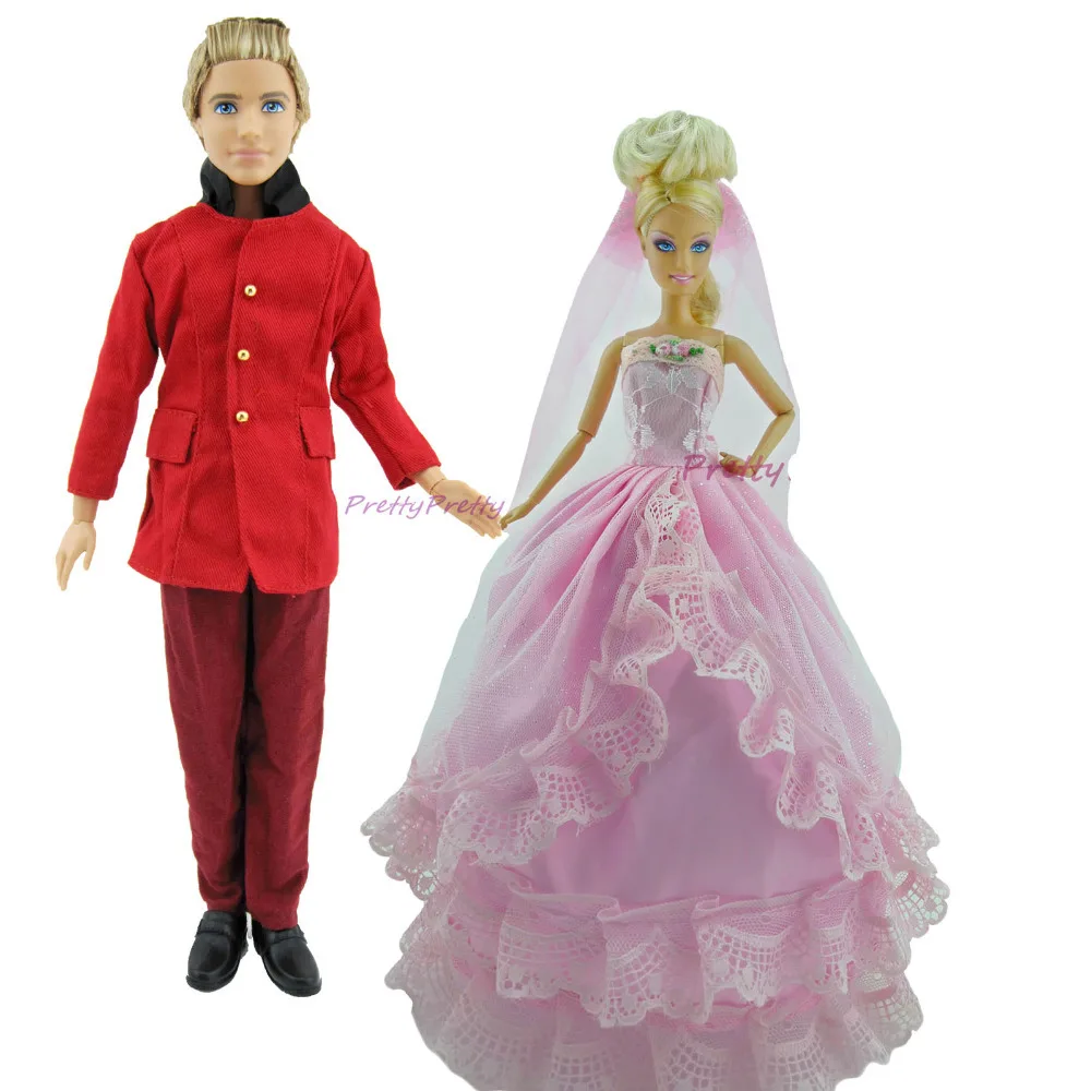 Free Shipping Princess Wedding Dress & Fashion Groom Suit Clothes For Barbie Ken Doll Outfit