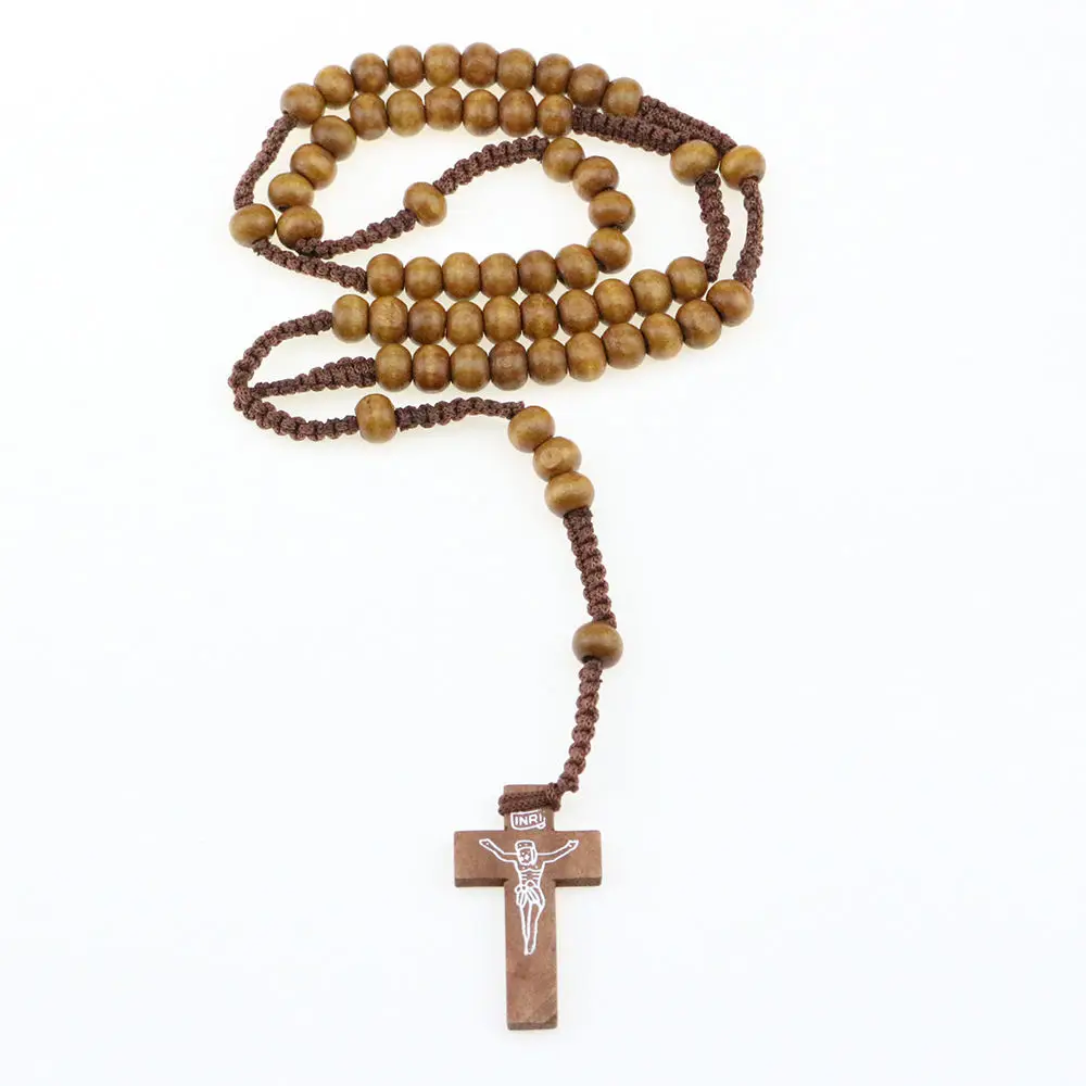Rosarios catolicos Wood Cross Pedant Necklace Virgin Mary Rope Braided Hemu  Bead Bracelet Articulos religiosos catolico religion - AliExpress