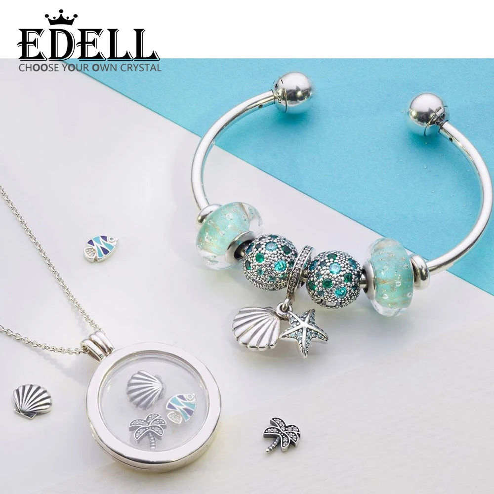 

EDELL 100% 925 Sterling Silver Summer Beach Fish Coconut Tree Shell Starfish BIG FLOATING LOCKET NECKLACE Opening Bangle Set