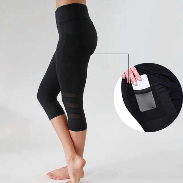 High Waist Elastic Women's Mesh 3/4 Pants Workout Capri Workout Leggins With Tight Side Pocket calf length leggins active wear