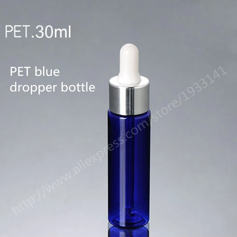 500pcslot 30ML blue flat shoulder PET bottle with plastic head silver ring, essence liquid bottle plastic packaging bottle