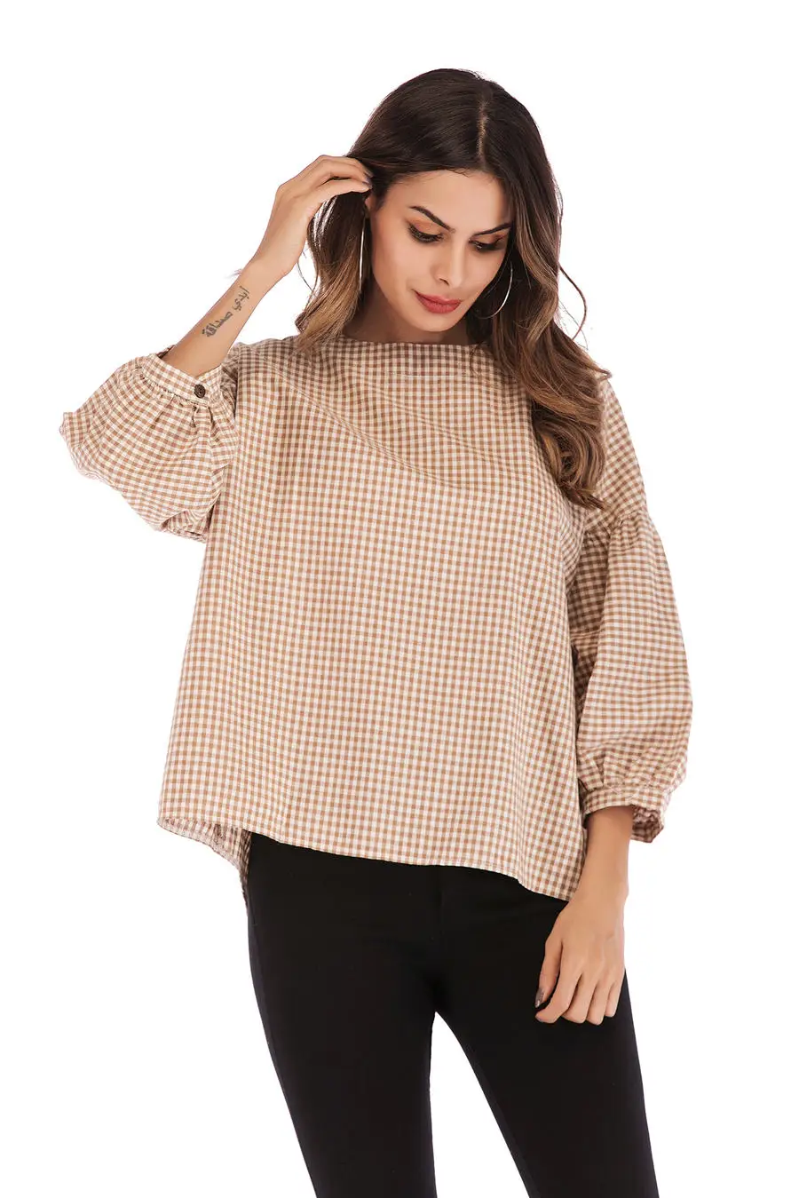 Gladiolus New 2019 Spring Plaid Shirt Women Puff Sleeve O Neck Button Loose Blouse Women Shirts Summer Casual Ladies Shirt Tops (22)
