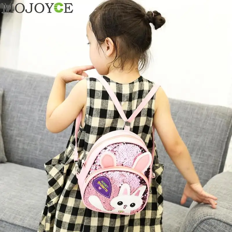 New Fashion High Quality Children Girls Babbit Bag Leather+ Sequins School Bookbag Travel Backpack Rucksack Zipper