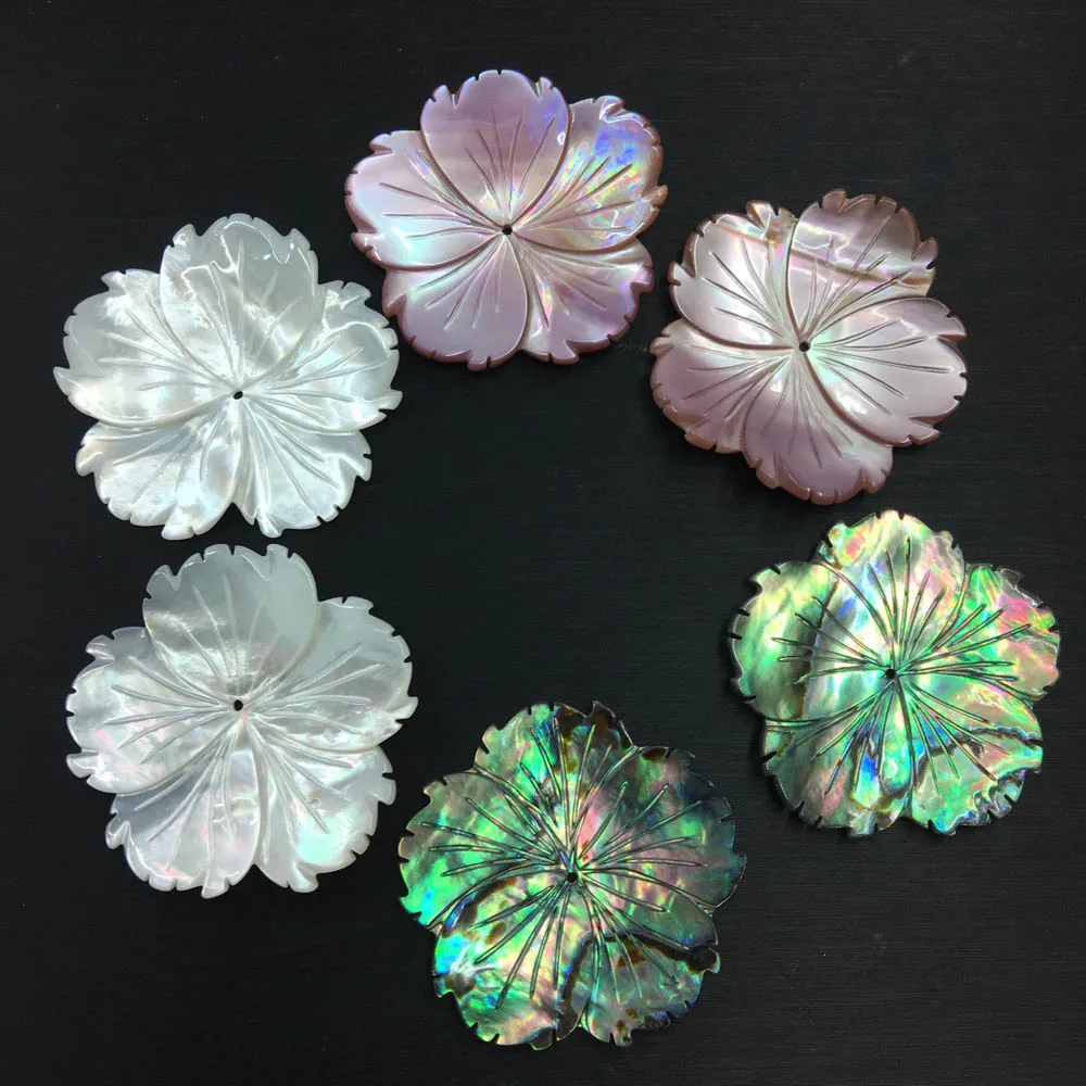 35mm Carved Shell Flower Beads Charms Natural Mother of Pearl Pink