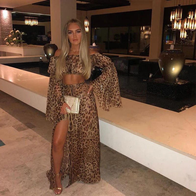

Sexy Slash Neck Leopard Maxi Dress Split Leg Off The Shoulder Dress Flare Sleeve Backless Night Club Party Dress