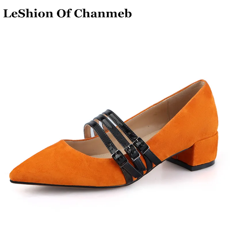 fashion sheep suede pumps women black buckle strap Mary Janes Shoes Thick Block Heels Pointed Toe Pumps Office Pumps Footwear