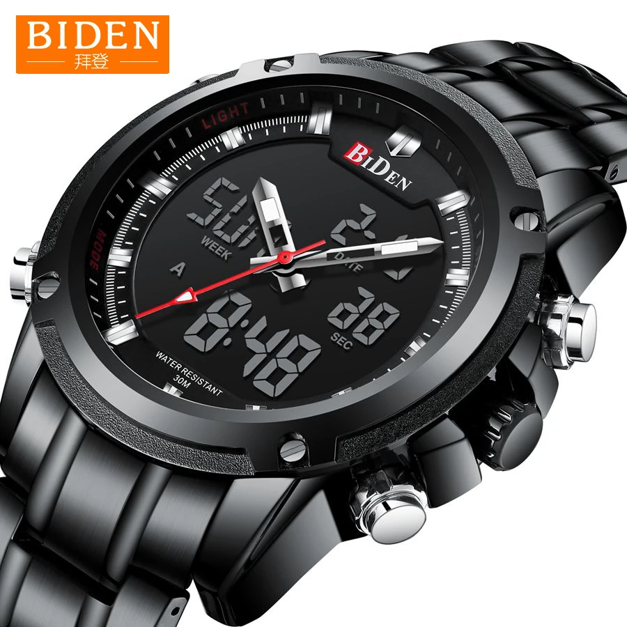 

Watches Men Dual Display Multi-function BIDEN Double Movement Sport Quartz Clock Mens Watches Waterproof Watch Relogio Masculino