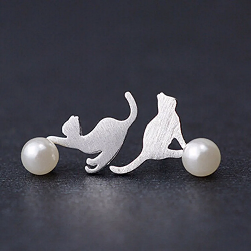 Lovely Girl Cat Earring Cute Silver Imitation Pearl Cat Animal Earrings