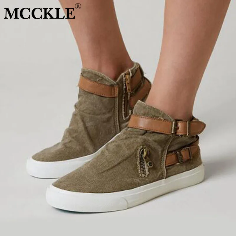 

MCCKLE Spring Women Flats Canvas Shoes High Top Denim Buckle Zipper Female Shoes Gladiator Girls Fashion Retro Comfort Shoes
