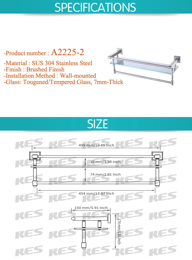 KES A2225-2 SUS304 нержавеющая сталь ванная комната стеклянная полка настенное крепление с полотенцем и рельсом, матовая отделка