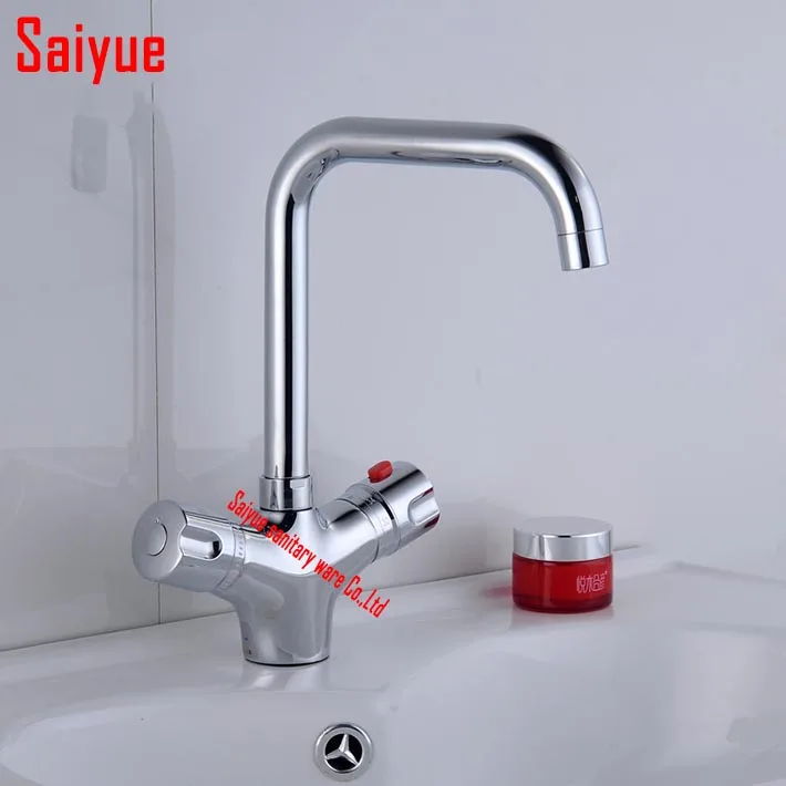 

Thermostatic Bathroom Faucet Mixer deck Mount, Polished Chrome Hot Cold Water tap Constant Temperature Control mixer