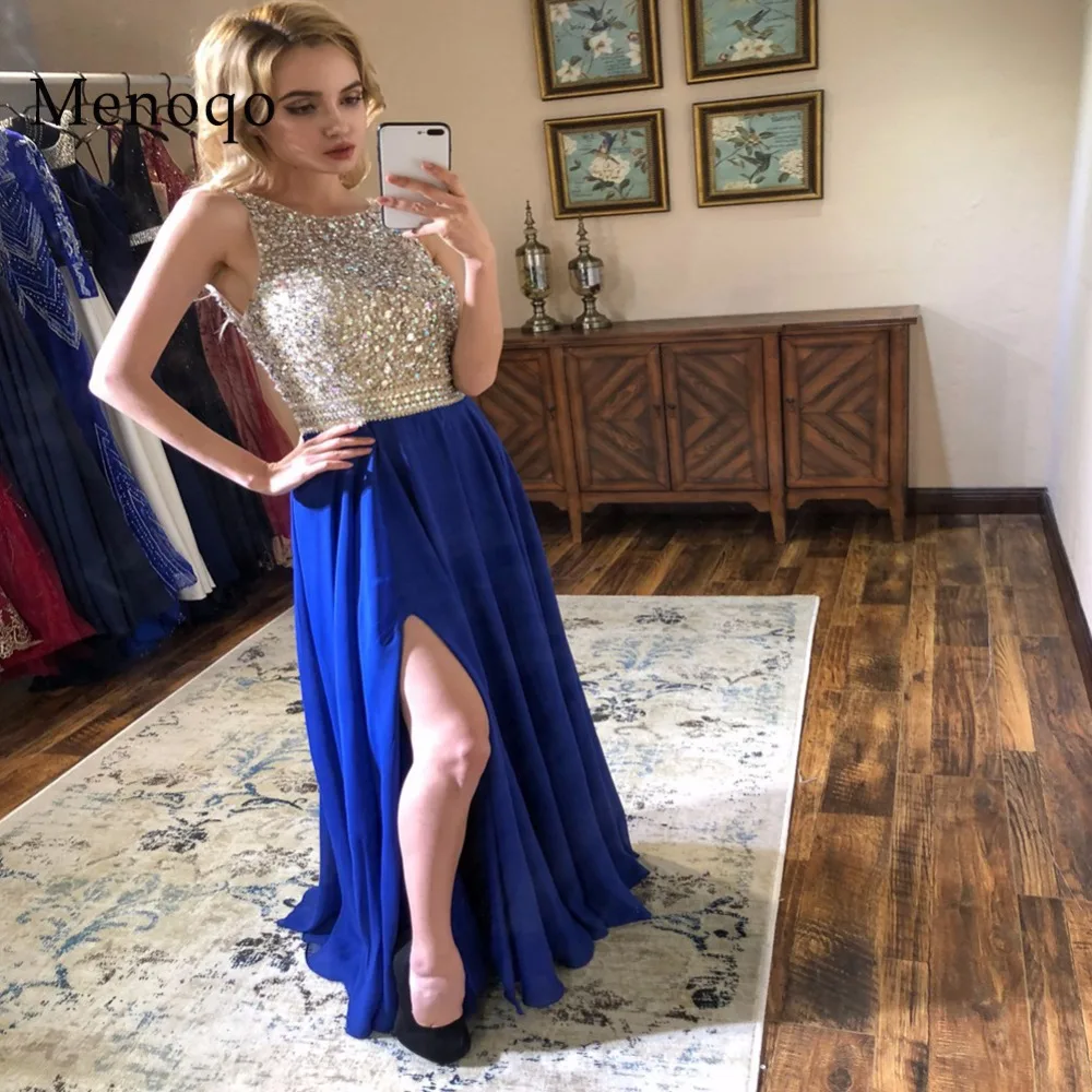 

New arrival sexy party evening dresses Vestido de Festa A-line Chiffon prom dress beading Robe De Soiree Side Slit Open Back