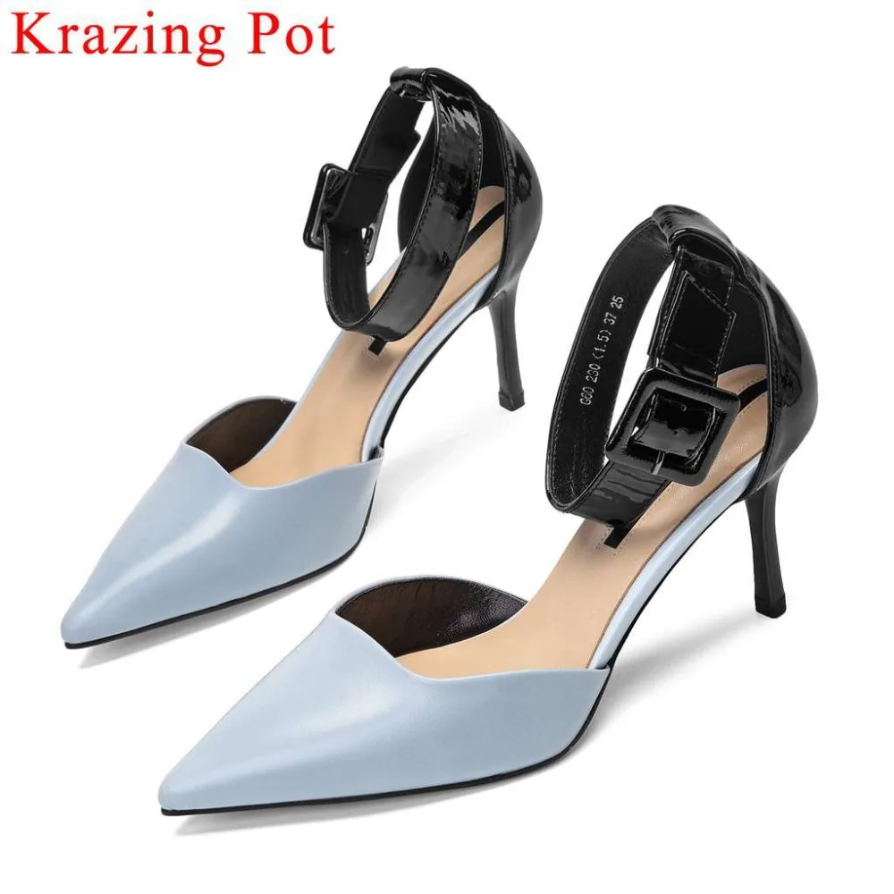 

Krazing Pot British style office lady stiletto 7cm heels natural leather buckle strap mixed colors dancer nightclub pumps L60