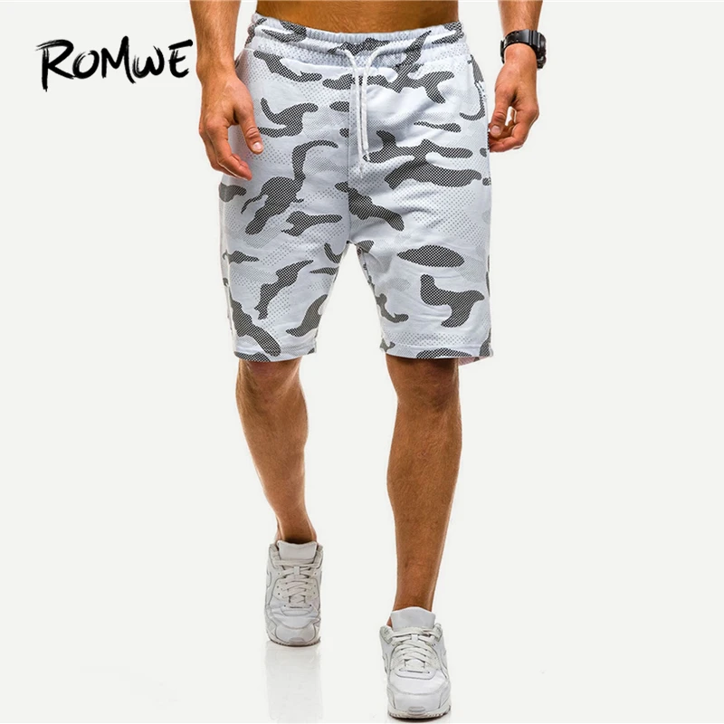 

ROMWE Men Camo Drawstring Shorts 2019 White Camouflage Mid Waist Summer Mens Shorts For Workout Fitness Man Loose Short Pants