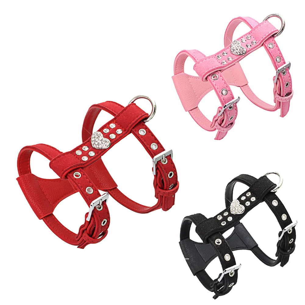 2018 Autumn New Pink Leather Dog Collar Chain Harness Rhinestone Heart