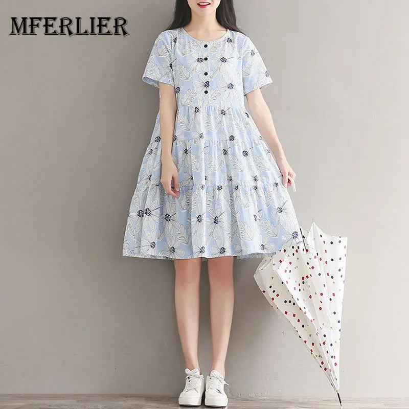 

Mferlier Mori Girl Simple Beach Dress O Neck Short Sleeve Refreshing Floral Print Pleated Hem Patchwork Women Summer Dresses