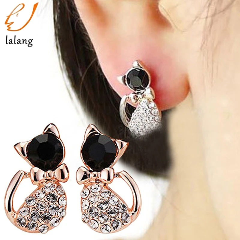 Pendientes New Brinco Fashion Animal Bijoux Cute Crystal Bow Gem Kitty Cat Stud Earrings For Women Wedding Girl Jewelry | Украшения и