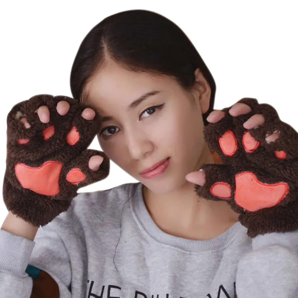 Теплые плюшевые перчатки без пальцев пушистые медвежьи когти кошки лапы животных мягкие теплые милые женские перчатки на половину пальца костюм перчатки подарок - Цвет: Темно-коричневый