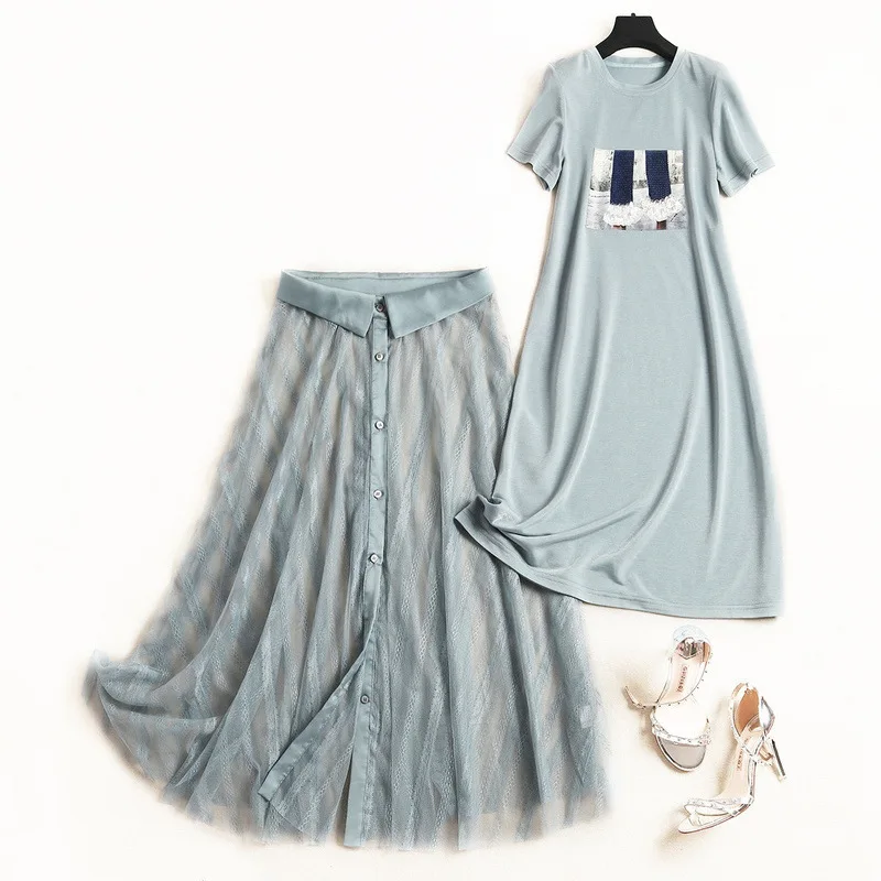 

Summer Fashion Long Crop Top T- Shirt And Net Yarm Skirt Suit 2 Piece Set Women 2019 New Cropped Hollow Skirt Two Piece Set