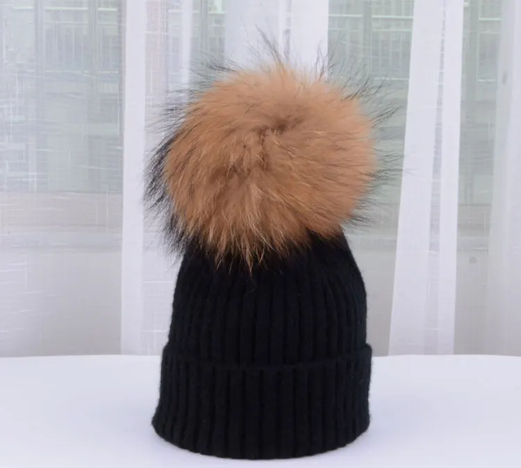 winter hats for girls kids boys knitted hat girl pom pom hat kids girls children natural raccoon Winter hats for children (2)