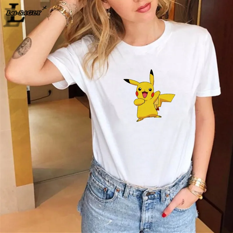 

Lei SAGLY Kawaii Pikachu Print T Shirt Women Summer Short Sleeve White Casual Tshirt Homme Streetwear Harajuku Fashion T-shirts