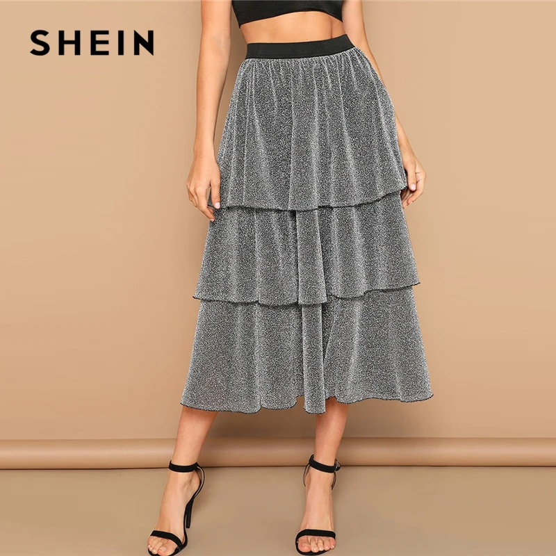 SHEIN Блестящая Юбка С Оборкой И Контрастной Талией Стильная Макси Оборками