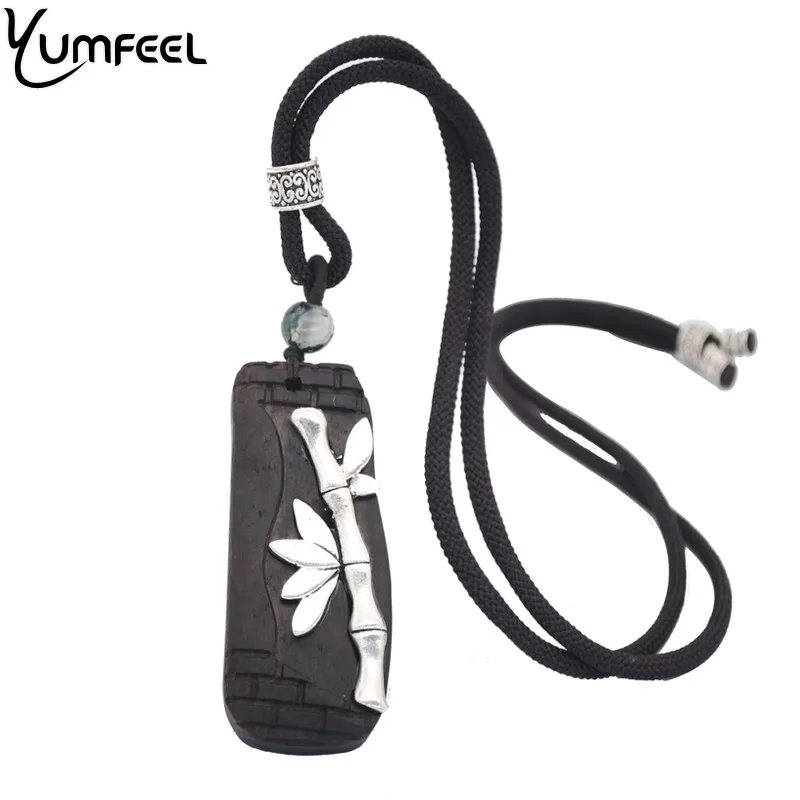 

Yumfeel New Vintage Necklace Jewelry Hand Carving Wood Tibetan Bamboo Pendants Necklace Long Women Men Gifts