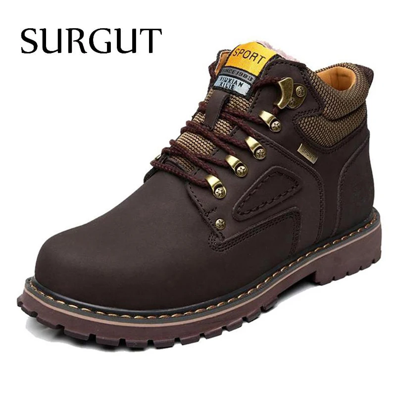 SURGUT Marca Súper Caliente del Invierno de Los Hombres de Cuero Hombres de Goma Resistente Al Agua Botas de Botas para la nieve Ocio Inglaterra Retro Zapatos de Los Hombres Grandes tamaño - 1