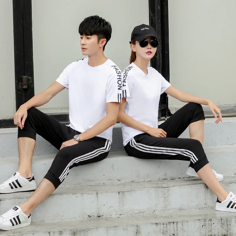 

Lovers Women Sportswear Men Sport Suit Short Sleeve T-shirt Sweatshirt+pant Running Jogger Fitness Casual Training Outfit Set
