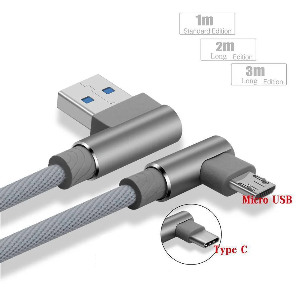 L Форма 1/2/3M Micro Зарядка через usb кабель Нейлон Плетеный Micro-Тип usb-C кабель быстрая зарядки шнур для samsung Xiaomi Android IOS - Цвет: Серый