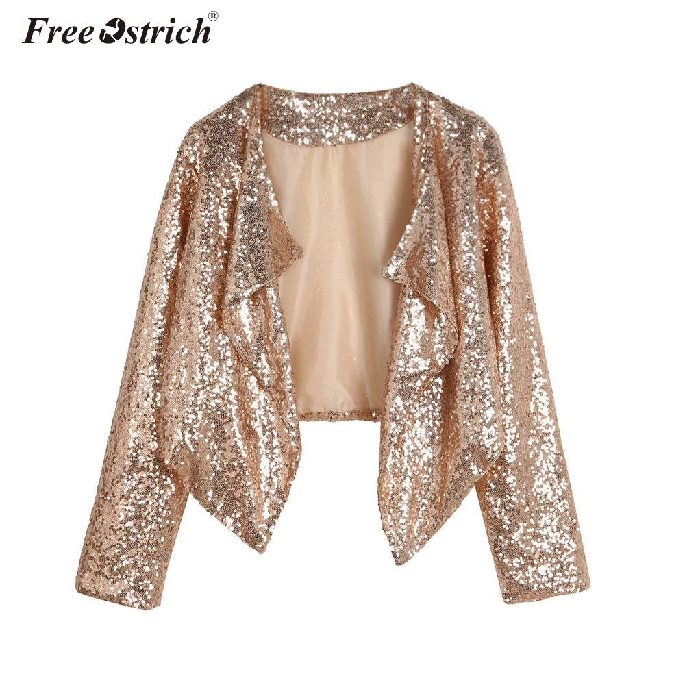 

Free Ostrich Jacket Autumn Spring Fashion Short Cardigan Women Gold Sequins Long Sleeve Irregular Outerwear Tops Slim Coat A0440