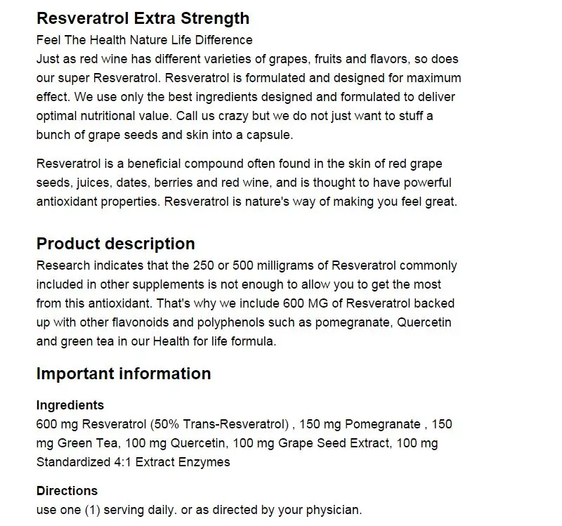 Ресвератрол-1200 мг Максимальная прочность добавка-30 дней питания
