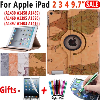 

360 Degree Rotating World Map Pattern Auto Sleep Awake Smart Cover Stand Holder Case for Apple iPad 2 3 4 9.7 Coque Capa