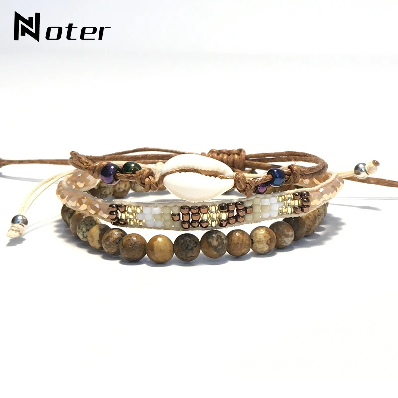 

Bohemian 3pcs/set Shell Braided Adjustable Women Braslet 6mm Fossil Stone Bracelet Friendship Bracelets Casual Jewelry Bilezik