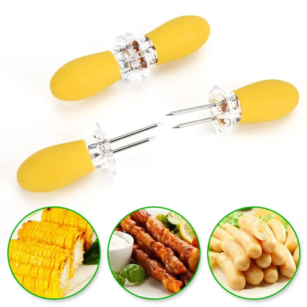 2Pcs Stainless Steel Corn Holder Barbecue Food Skewer Hot Dog Meat Fork