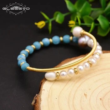 

GLSEEVO Original Natural Fresh Water Purple Pearl Aquamarine Handmade Bangle For Women Bride Wedding Luxury Jewelry GB0118