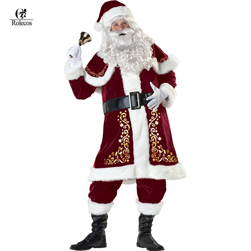 

ROLECOS Christmas Costumes Santa Claus For Adults Red Christmas Clothes Santa Claus Costume Luxury Suit with White Beard Wig