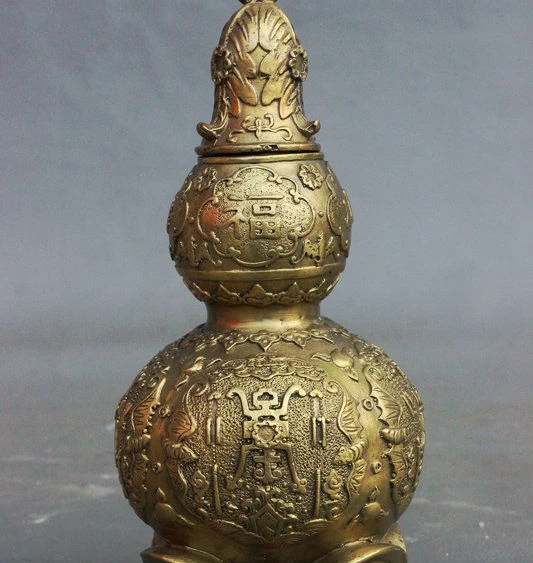 

8" Chinese Brass Hand-carved Longevity Shou Bat Gourd Leaves Wine Pot Statue