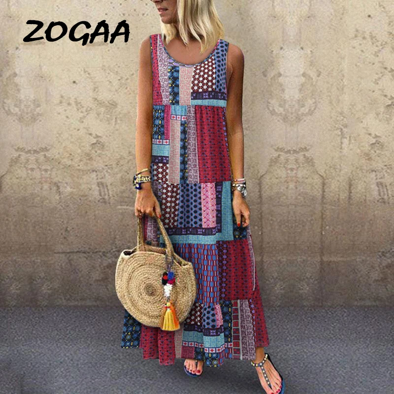 

Women Boho Summer Maxi Dress Ladies Geometric Print Sleeveless Loose Casual Dresses Woman Vocation Beach Vestidos Pus Size S-5XL