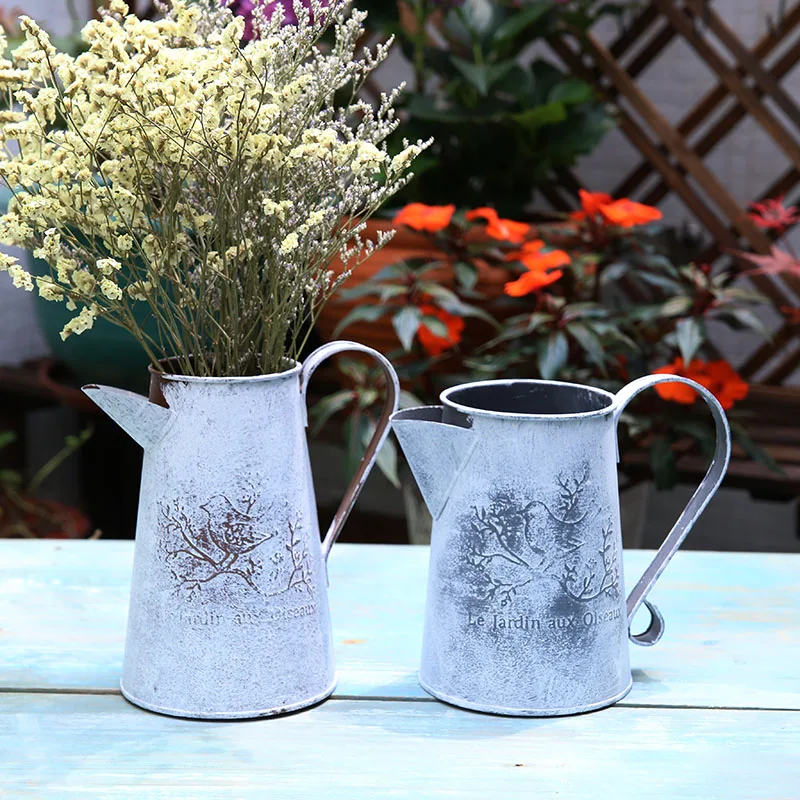 

WCIC Watering Cans Flowers Bucket Metal Barrel Vases Vintage Home Gardening Ornaments Metal Craft Artificial Holder