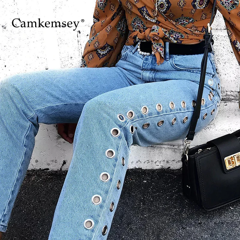 

CamKemsey Classic High Waist Mom Jeans Woman 2018 Streetwear Hollow Out Eyelet Boyfriend Jeans Female Loose Denim Pants Trousers