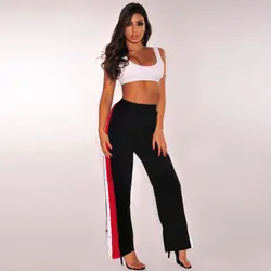Женские широкие брюки с высоким разрезом укороченные брюки с разрезом по бокам контрастные полосатые брюки на молнии сзади свободные 2019