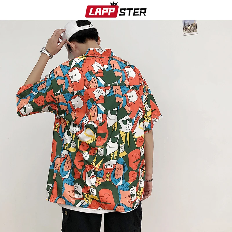 LAPPSTER Мужские Винтажные корейские хип-хоп рубашки Летняя Повседневная Уличная рубашка мужская гавайская рубашка Стандартная посадка свободная забавная рубашка
