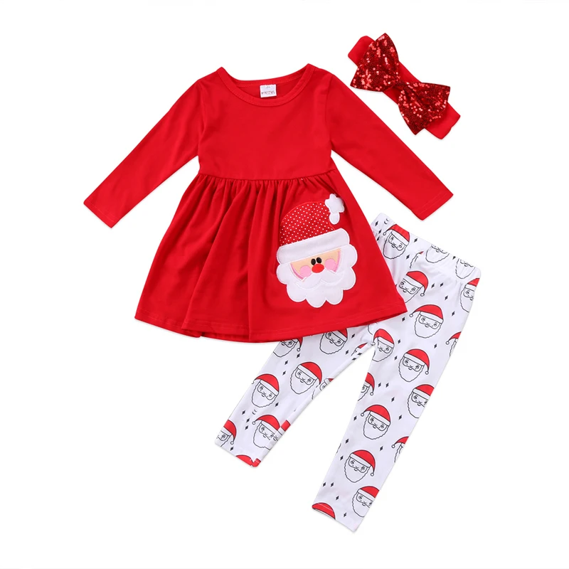 

FOCUSNORM Christmas Toddler Kids Baby Girls Clothes Santa Claus Dress Leggings Headband Outfits Clothes Set
