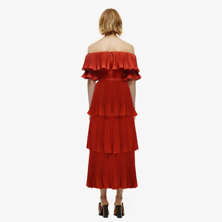Автопортрет бренд дизайн красный большой качели гофрированная кайма подиума платье для женщин лето сексуальный с плеча Пляж Длинные вечерние платья