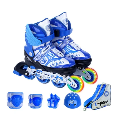 Стиль 9 в 1 Детская Встроенная обувь для роликов, скейтборда шлем наколенник Регулируемый моющийся жесткий колеса подростков - Цвет: Blue L EUR 38-41