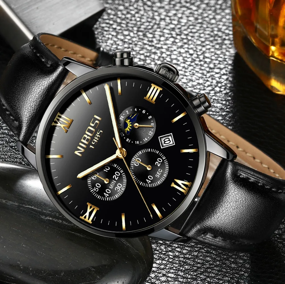 Montre Homme Marque De Luxe NIBOSI 2018 Men Watch Brand Luxury Leather Watch Men Waterproof With Moon Phase Blue Man Clock Saat  (16)