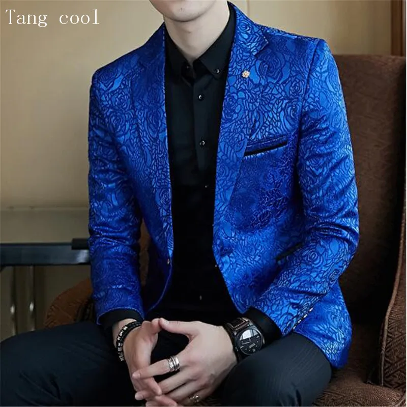 2018 azul real Promo para los hombres Rose imprimir Slim Fit Blazer chaqueta con estilo Casual de negocios chaqueta de la boda