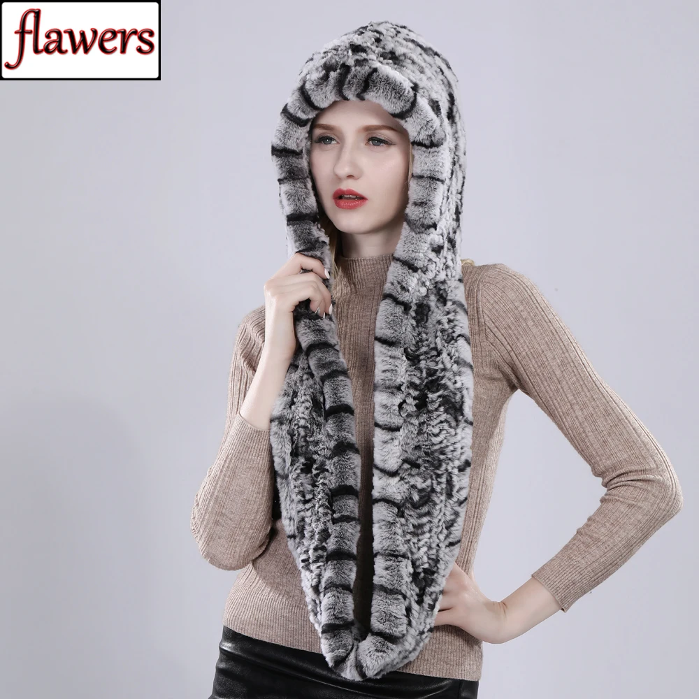 

New Winter Women Real Fur Hat Scarves Lady Knitted Natural Rex Rabbit Fur Hooded Scarves 2019 Russia Warm Genuine Fur Caps Scarf